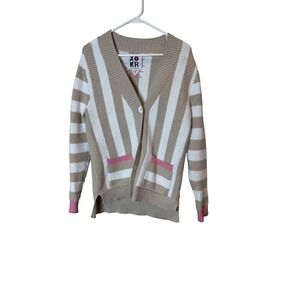 Kerri Rosenthal Cardigan Sweater Womens Small Beige White Striped Pink Trim